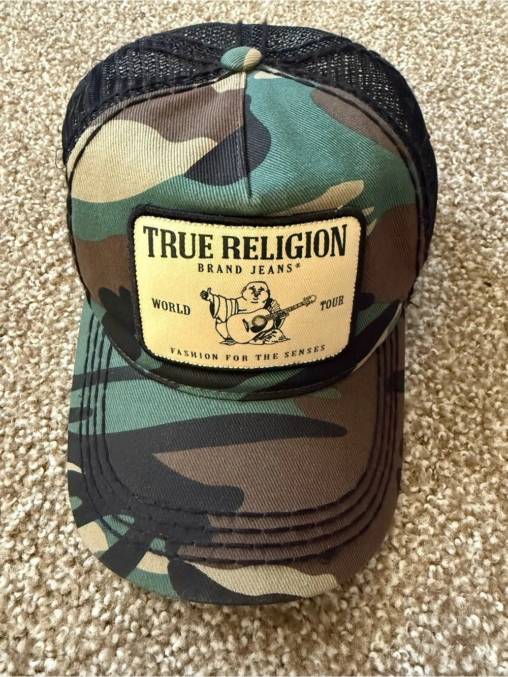 True Religion Camo Trucker Hat in Green and Brown with Black Mesh
